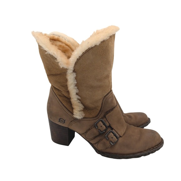 Born Shoes - Born Amaze Brown Leather Shearling Lined Mid-Calf Buckle Boots Womens 6 36.5